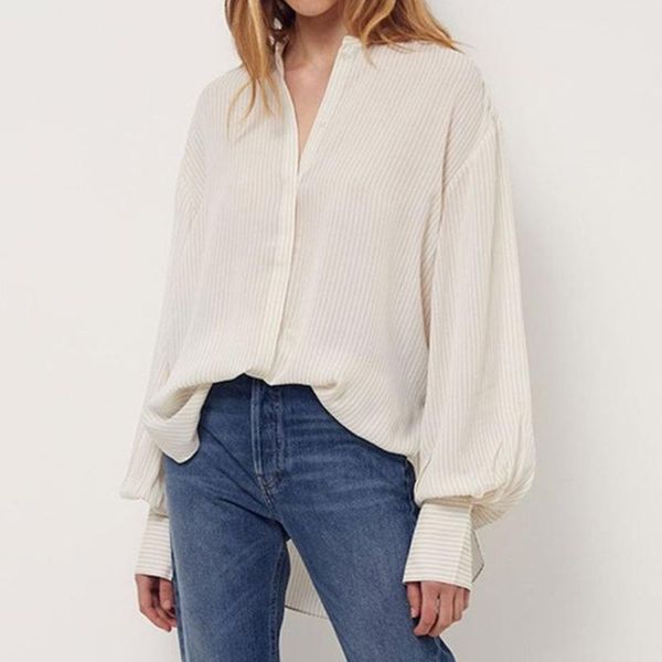 women's blouses & shirts women office wear stripes blouse 2021 early spring long lantern sleeve shirt single-breasted silhouette, White 
women's blouses & shirts women office wear stripes blouse 2021 early spring long lantern sleeve shirt single-breasted silhouette, White