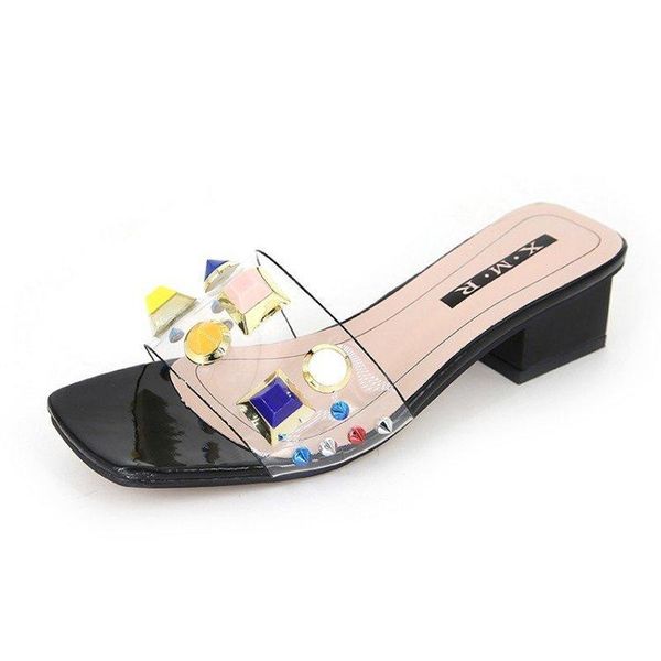 fashionable women's slippers 2021 transparent vamp color willow nails embellished elegant with heel, Black
fashionable women's slippers 2021 transparent vamp color willow nails embellished elegant with heel, Black