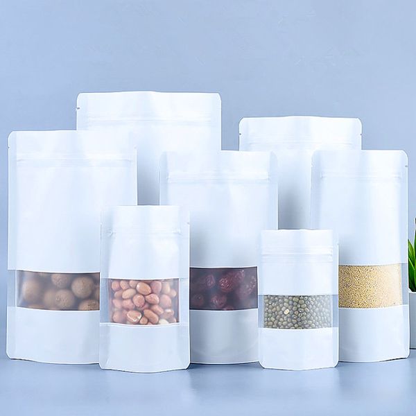 

100pcs Stand up Matte White Aluminum Foil Window Zip Lock Bag Resealable Meat Coffee Powder Snack Nuts Xmas Wedding Gifts Heat Sealing Packaging Pouches