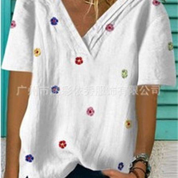 women's t-shirt summer cotton linen embroidery fashion v-neck short sleeve 16k9, White
women's t-shirt summer cotton linen embroidery fashion v-neck short sleeve 16k9, White
