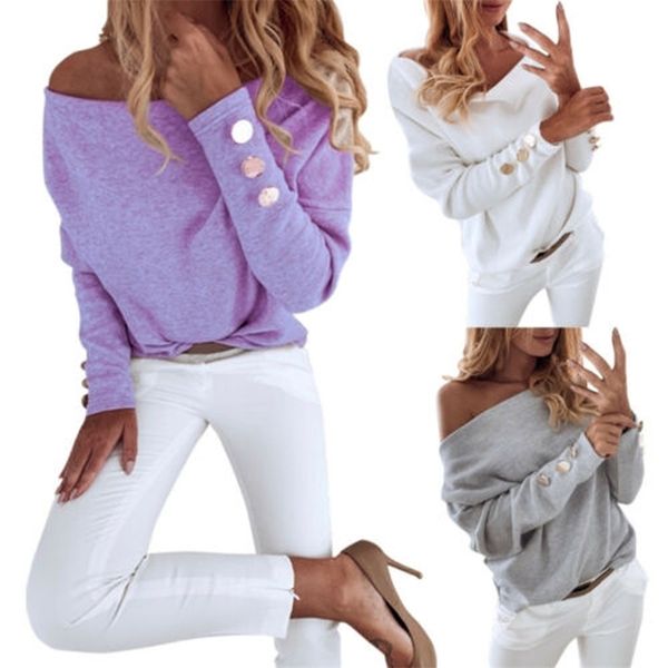 women t-shirt off-the-shoulder elegant ladies solid color metal button long sleeve autumn spring warm casual loose clothing 210522, White
women t-shirt off-the-shoulder elegant ladies solid color metal button long sleeve autumn spring warm casual loose clothing 210522, White