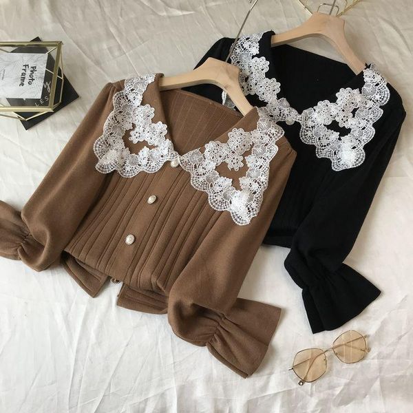 women's sweaters retro puff sleeve lace stitching doll collar knitted sweater 2021 fall winter women knit bottom shirt female knitwear, White;black
women's sweaters retro puff sleeve lace stitching doll collar knitted sweater 2021 fall winter women knit bottom shirt female knitwear, White;black