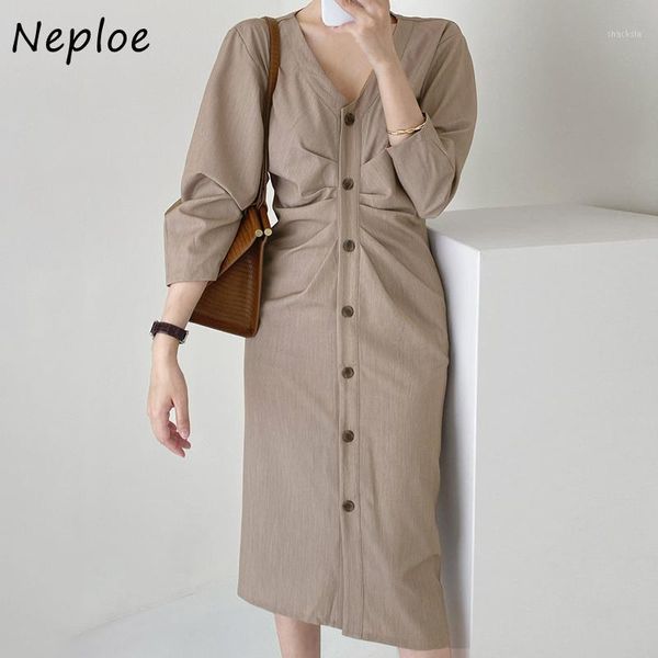 neploe korean chic simple elegant v-neck dresses women solid color a-line dress single breasted pleated slim waist vestidos casual, Black;gray
neploe korean chic simple elegant v-neck dresses women solid color a-line dress single breasted pleated slim waist vestidos casual, Black;gray