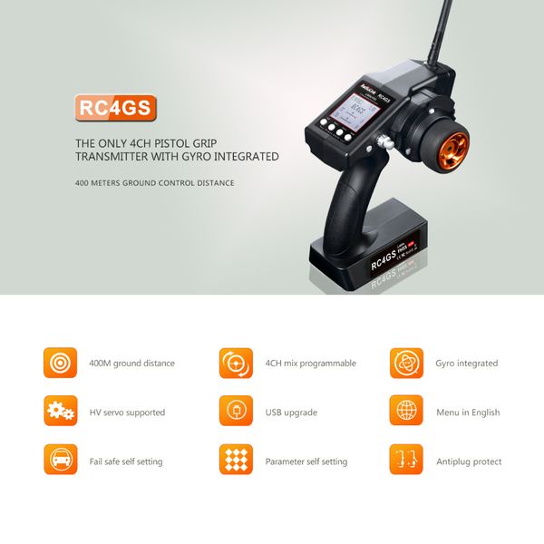 rc4gs 2.4ghz 4ch remote control system transmitter & r6fg receiver with gyro for rc crawler car boat
rc4gs 2.4ghz 4ch remote control system transmitter & r6fg receiver with gyro for rc crawler car boat