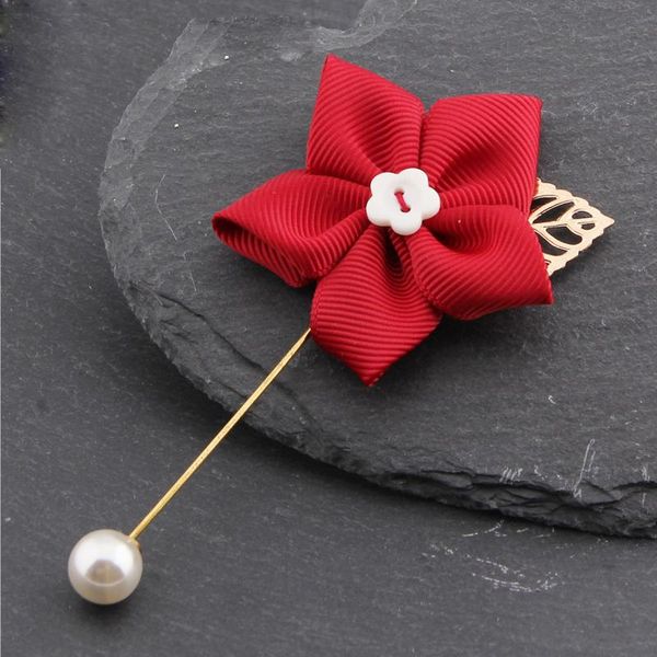 pins, brooches tiny handmade multicolor ribbon flower golden leaf imitation pearl lapel pin collar brooch men suit wedding party jewe, Gray