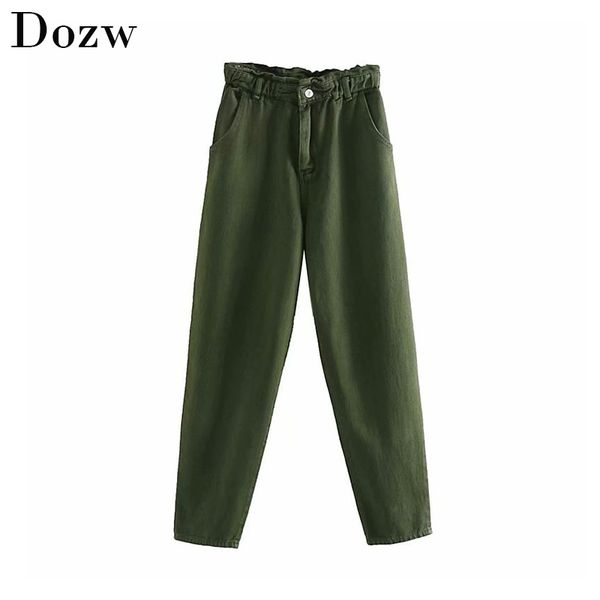 

vintage high waist women harm pants casual solid ladies paperbag pants fashion female loose trousers army green denim bottoms 210414, Black;white