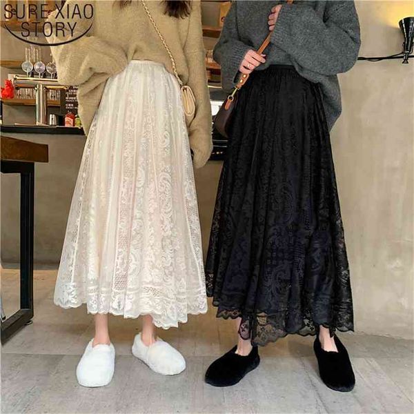 women skirts high waist lace elastic elegant casual a-line black apricot long spring autumn korean 13063 210506
women skirts high waist lace elastic elegant casual a-line black apricot long spring autumn korean 13063 210506