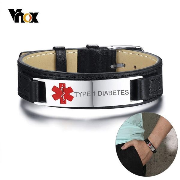 link, chain vnox type 1 diabetes alert id bracelets for men genuine leather watch band adjustable length sports jewelry dropship, Black
link, chain vnox type 1 diabetes alert id bracelets for men genuine leather watch band adjustable length sports jewelry dropship, Black