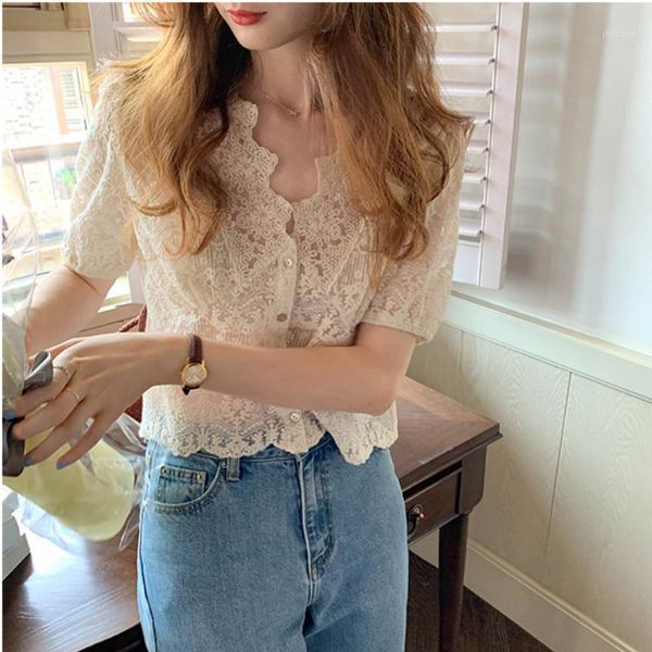 women's blouses & shirts sweet lace women summer y2k elegant v-neck see-through blusas short sleeve button-up woman with camisole, White
women's blouses & shirts sweet lace women summer y2k elegant v-neck see-through blusas short sleeve button-up woman with camisole, White