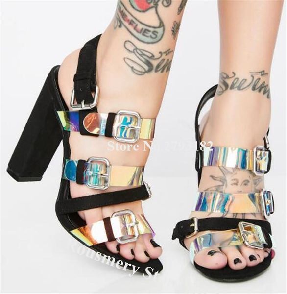 est fashion women open toe bright pvc chunky heel sandals white black reflective transparent straps buckles high
est fashion women open toe bright pvc chunky heel sandals white black reflective transparent straps buckles high