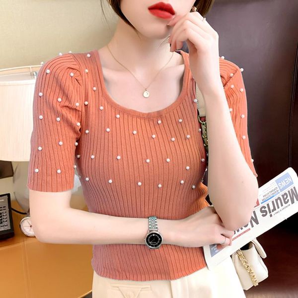 women's t-shirt 2021 korean puff sleeve beaded solid color pullover fashion women knitted shirt, White
women's t-shirt 2021 korean puff sleeve beaded solid color pullover fashion women knitted shirt, White