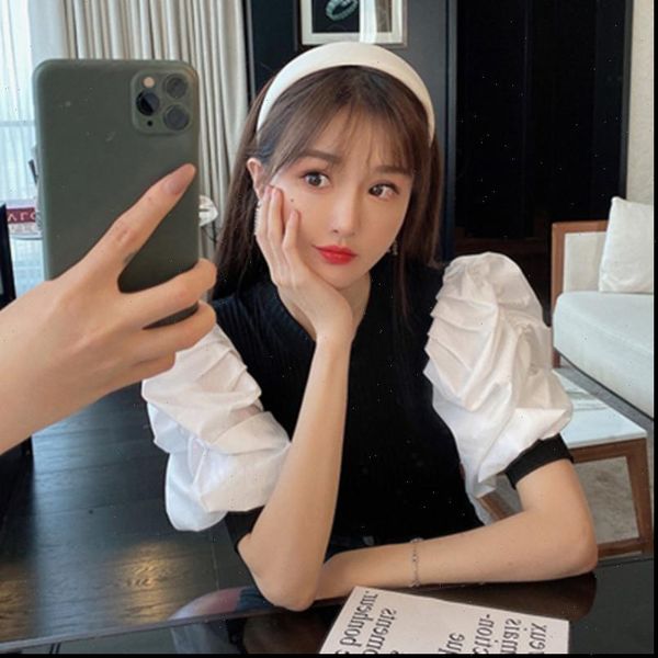 chic pullover fashion puff sleeve womens sweaters stretch knit body patched poplin modern lady ruffles, White;black
chic pullover fashion puff sleeve womens sweaters stretch knit body patched poplin modern lady ruffles, White;black