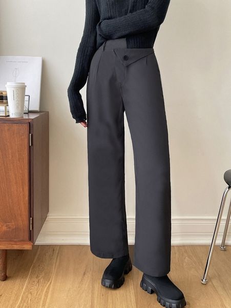 dazy asymmetrical waist plicated detail slant pocket pants f4bo#, Black;white