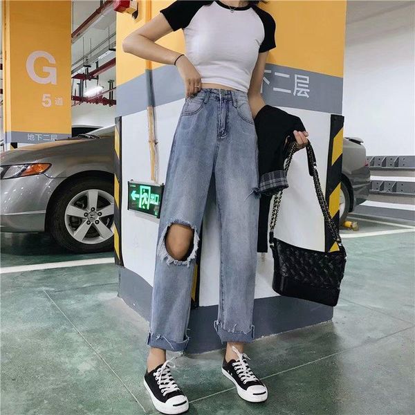 women's jeans straight female 2021 autumn and winter fashion loose casual wild high waist hole ripped cuffs ankle length pants, Blue
women's jeans straight female 2021 autumn and winter fashion loose casual wild high waist hole ripped cuffs ankle length pants, Blue