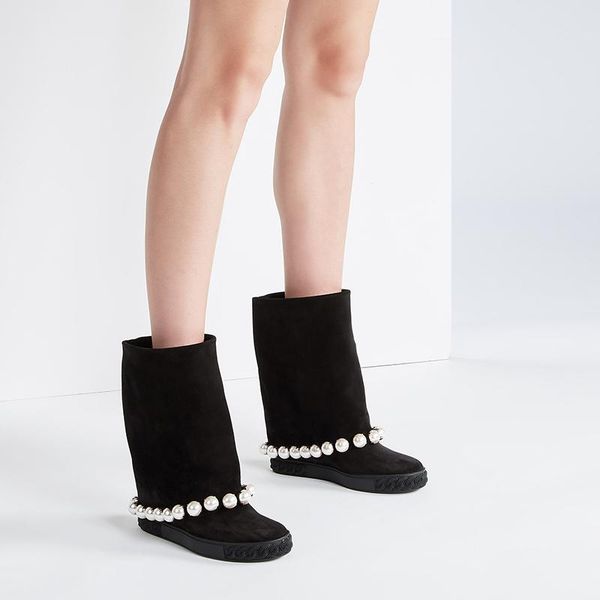 boots roman style pearl rivets sewed black suede leather 10cm height increased women slip on mid-calf
boots roman style pearl rivets sewed black suede leather 10cm height increased women slip on mid-calf