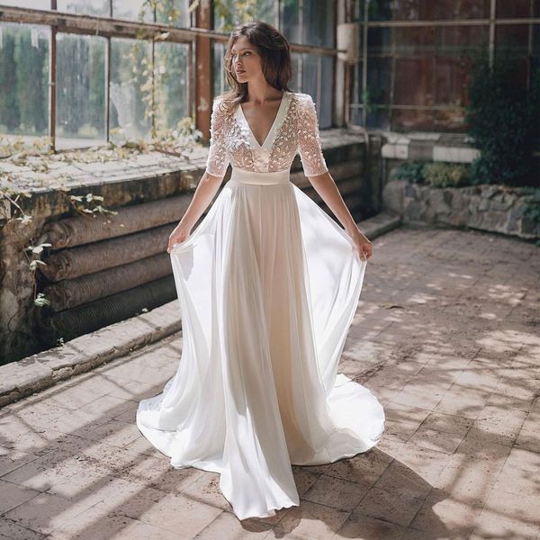 stunning beading backless wedding dresses v neck beach bridal gowns short sleeves appliqued a line sweep train chiffon plus size vestido de, White
stunning beading backless wedding dresses v neck beach bridal gowns short sleeves appliqued a line sweep train chiffon plus size vestido de, White