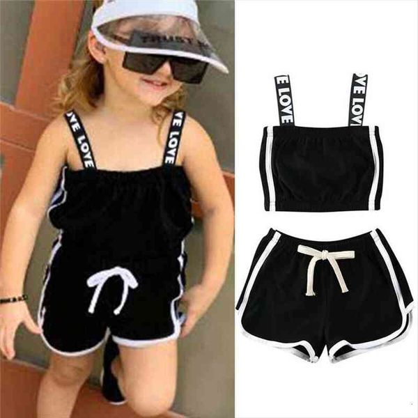 2pcs fashion 1-7years infant baby girl cloth kid black sleeveless letter stripe drawstring shorts outfit clothes sets, White