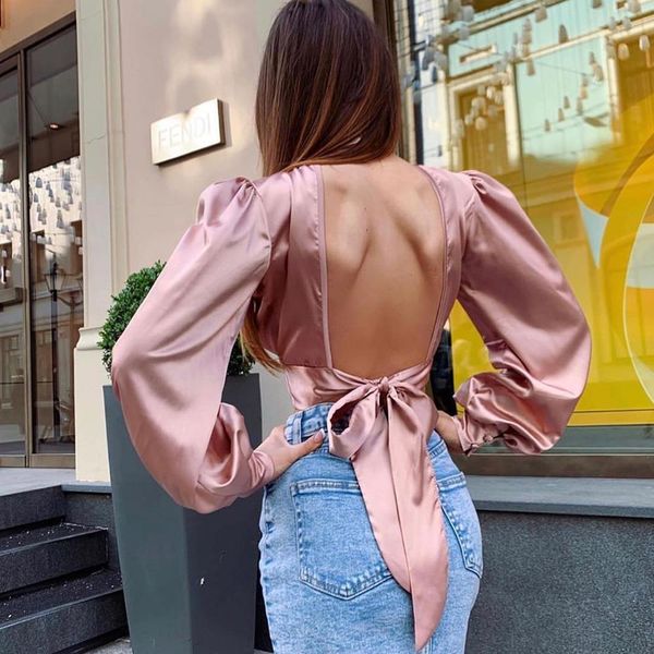 women shirts bow lace up blouse short backless blusas mujer de moda summer satin long lantern sleeve top, White
women shirts bow lace up blouse short backless blusas mujer de moda summer satin long lantern sleeve top, White