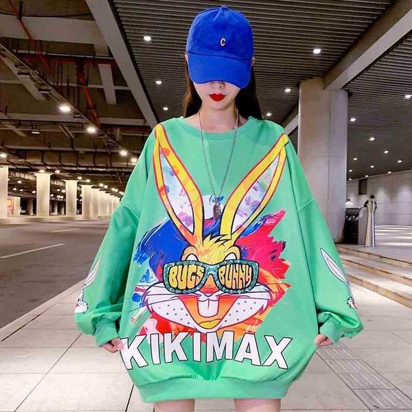 women's sweater autumn winter 2021 new rabbit print lazy wind large loose medium length student top, Black
women's sweater autumn winter 2021 new rabbit print lazy wind large loose medium length student top, Black
