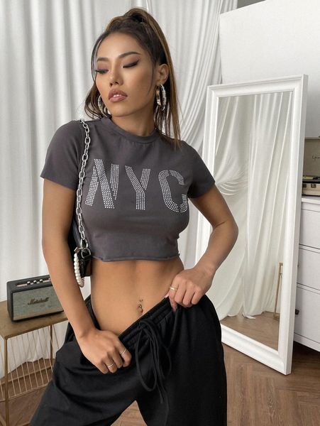 rhinestone letter ripped crop 593q#, White