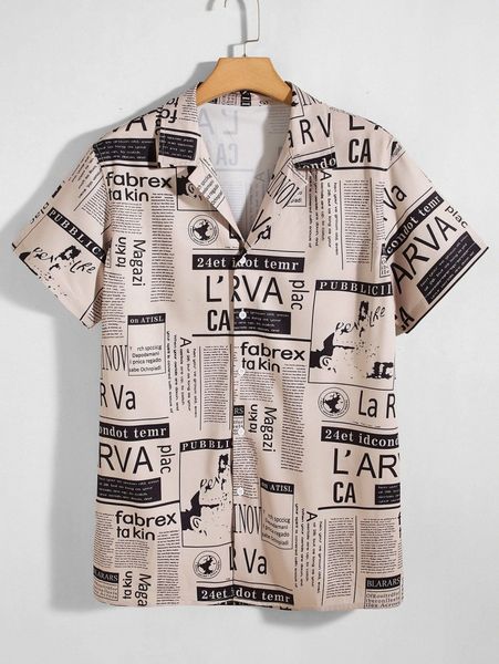 men newspaper print button front shirt 225g#, White;black
men newspaper print button front shirt 225g#, White;black