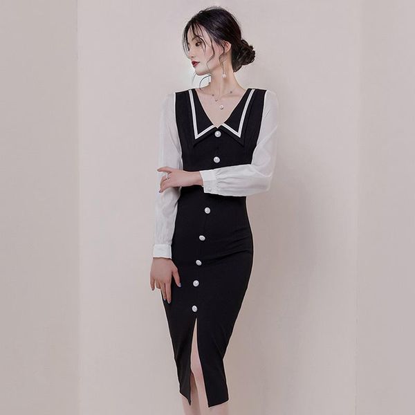casual dresses 2021 summer style korean temperament goddess fan lapel long sleeve color matching slim dress, Black;gray
casual dresses 2021 summer style korean temperament goddess fan lapel long sleeve color matching slim dress, Black;gray