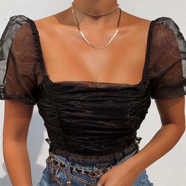 women's fashion square neck perspective mesh puff sleeve short t-shirt, White
women's fashion square neck perspective mesh puff sleeve short t-shirt, White