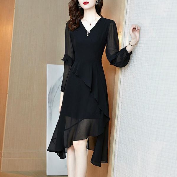casual dresses women's spring autumn chiffon dress ruffles solid color v-neck long sleeve elegant 3463, Black;gray
casual dresses women's spring autumn chiffon dress ruffles solid color v-neck long sleeve elegant 3463, Black;gray