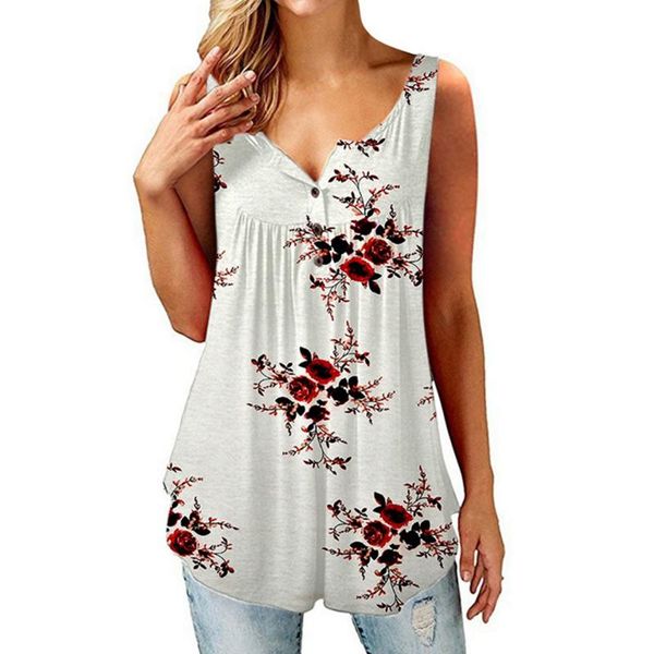 women's t-shirt spring and summer print v collar button sleeveless knitted loose, White
women's t-shirt spring and summer print v collar button sleeveless knitted loose, White