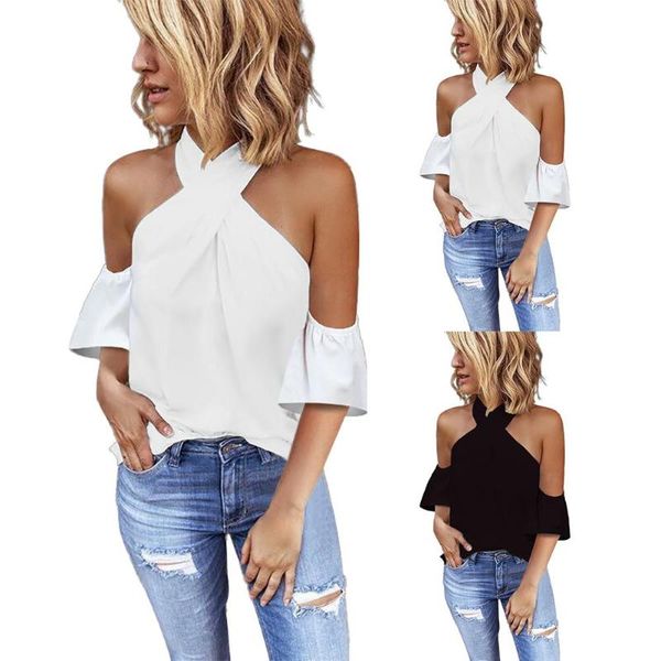 women's t-shirt women fashion cold shoulder ruffled sleeve criss-cross halter v-neck mesh patchwork, White
women's t-shirt women fashion cold shoulder ruffled sleeve criss-cross halter v-neck mesh patchwork, White