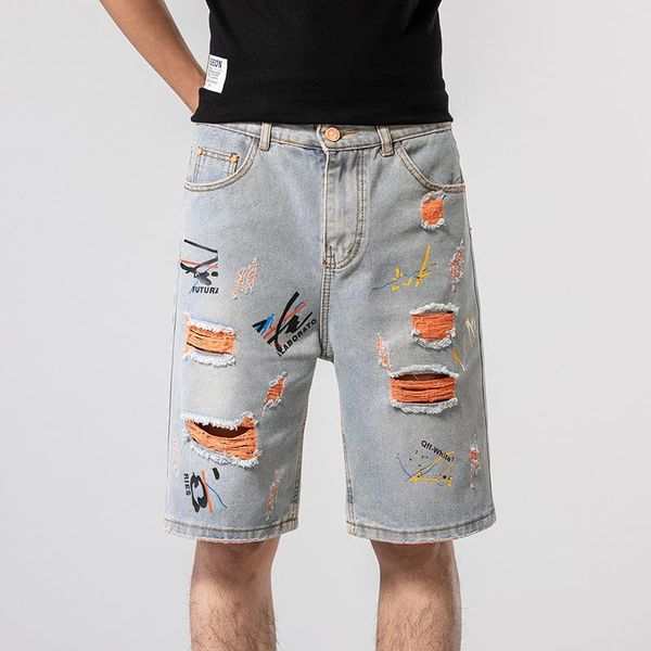 men's jeans print shorts, 5-inch pants, loose fitting, ripped jean hip style, Blue
men's jeans print shorts, 5-inch pants, loose fitting, ripped jean hip style, Blue