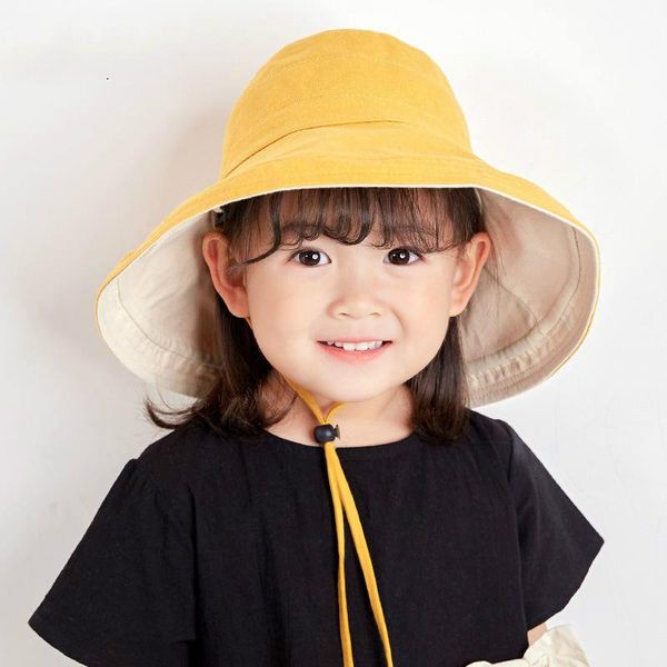 deepom kids bucket hat korean summer foldable double sided wide brim beach uv protection sunscreen fisherman hats girl caps &, Yellow