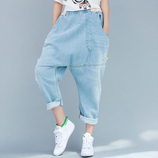 denim cross pants casual womens jean crotch loose personalized irregular bleached trousers, Blue
denim cross pants casual womens jean crotch loose personalized irregular bleached trousers, Blue