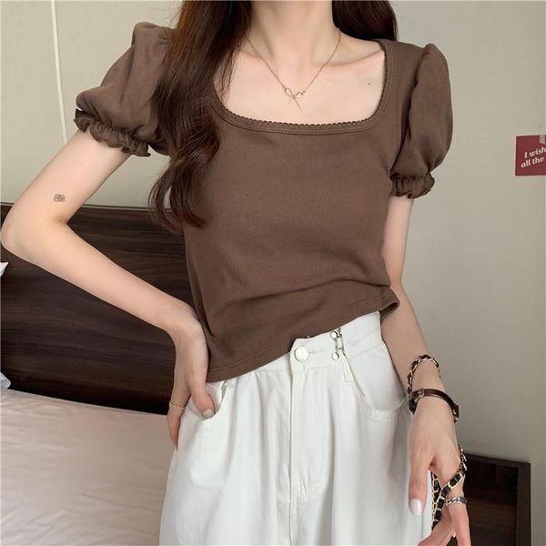 women's t-shirt french square collar puff sleeve short t-shirts women slim casual cropped vintage brown summer tee shirt streetwear, White
women's t-shirt french square collar puff sleeve short t-shirts women slim casual cropped vintage brown summer tee shirt streetwear, White