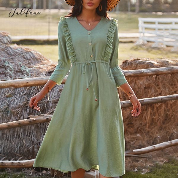 women's dresses v neck ruffles elegant midi dress vintage solid single breasted drawstring casual dress spring autumn vestidos 210415, Black;gray
women's dresses v neck ruffles elegant midi dress vintage solid single breasted drawstring casual dress spring autumn vestidos 210415, Black;gray