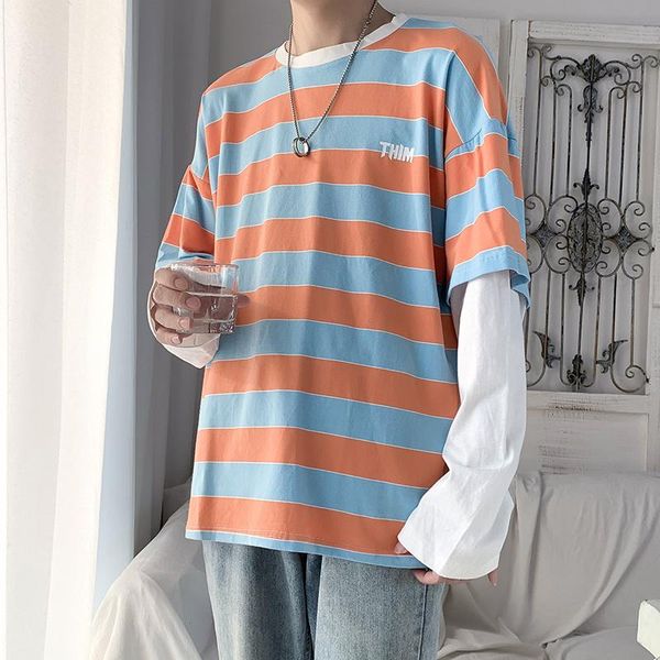 men's t-shirts hop hip long sleeve men o-neck striped patchwork t shirt fashion casual comfortable shirts spring autumn, White;black