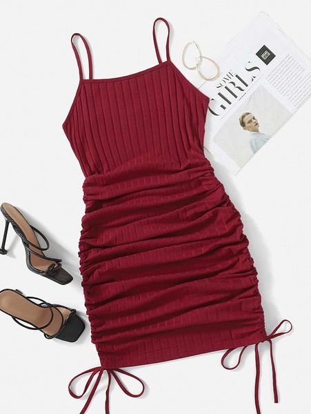drawstring side rib-knit dress q8wd#, Black;gray