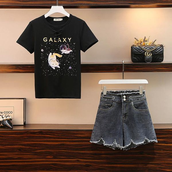 plus size tracksuits women summer casual shorts two piece outfits fashion printed tshirt + slim denim 2 set, Black
plus size tracksuits women summer casual shorts two piece outfits fashion printed tshirt + slim denim 2 set, Black