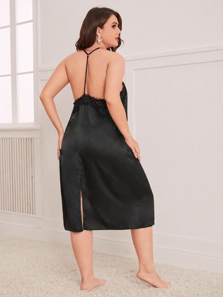 plus lace trim backless split hem satin nightdress g5jo#, Black;white