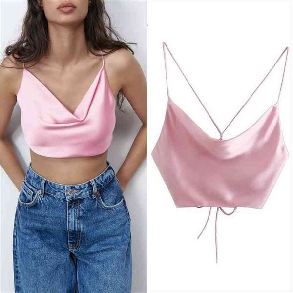za pink satin women tanks crop summer spaghetti straps backless tank female beachwear, White
za pink satin women tanks crop summer spaghetti straps backless tank female beachwear, White