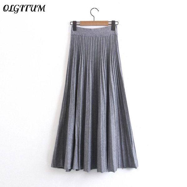 skirts olgitum spring/autumn high elastic pleated elegant knit skirt female sweet big swing long large size a word thick winter, Black