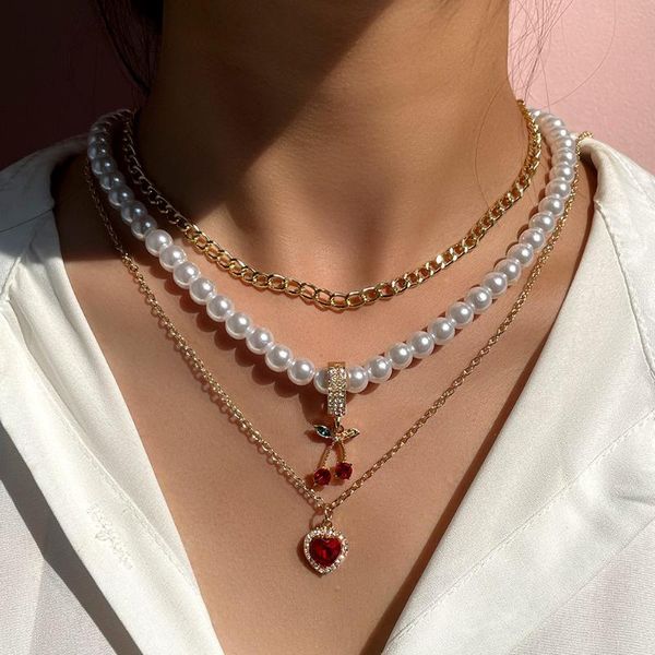 chains sweet cute cherry crystal heart multilayered imitation pearl beaded necklace for women metal long chain y2k jewelry, Silver
chains sweet cute cherry crystal heart multilayered imitation pearl beaded necklace for women metal long chain y2k jewelry, Silver