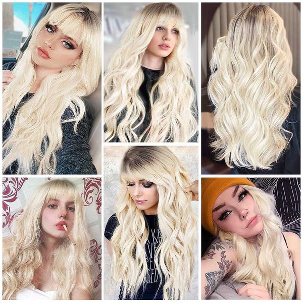wigs gradient golden air bangs long curly hair head wig female, Black 
wigs gradient golden air bangs long curly hair head wig female, Black