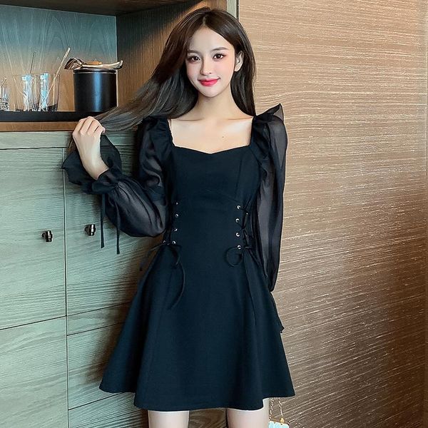 #5385 spring summer black chiffon long sleeved a-line dress women square collar short party side bandage mini casual dresses, Black;gray
#5385 spring summer black chiffon long sleeved a-line dress women square collar short party side bandage mini casual dresses, Black;gray