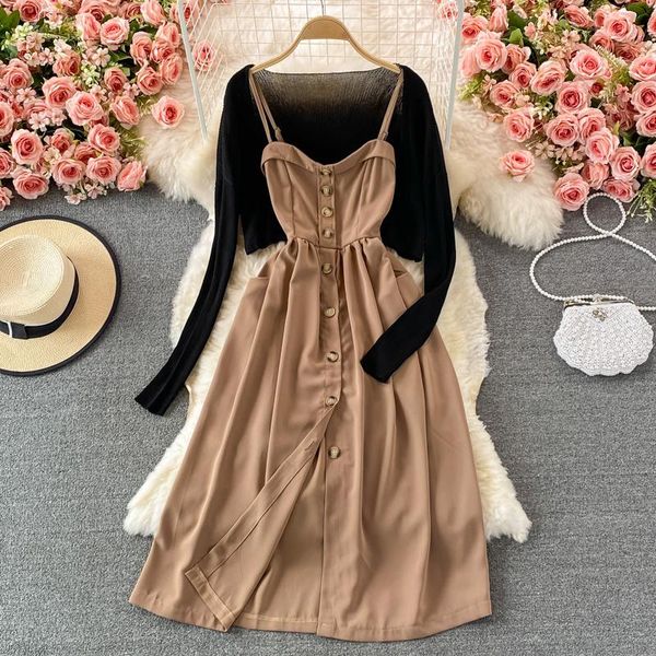 casual dresses french loose shawl sunscreen knitted cardigan 2021 autumn waist closing slim celebrity spaghetti strap dress two-piece set, Black;gray
casual dresses french loose shawl sunscreen knitted cardigan 2021 autumn waist closing slim celebrity spaghetti strap dress two-piece set, Black;gray