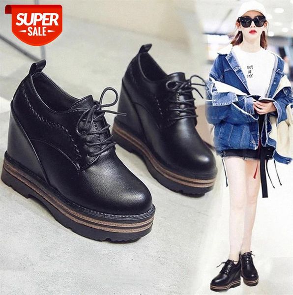 heighten women's shoes 10cm thick bottom plus velvet 2020 new wild ultra-high heel lace-up wedge black leather #7u2q
