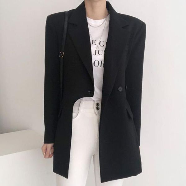 women's suits & blazers korea chic temperament black blazer women autumn 2021 notched loose single breasted irregular long sleeve suit, White;black
women's suits & blazers korea chic temperament black blazer women autumn 2021 notched loose single breasted irregular long sleeve suit, White;black