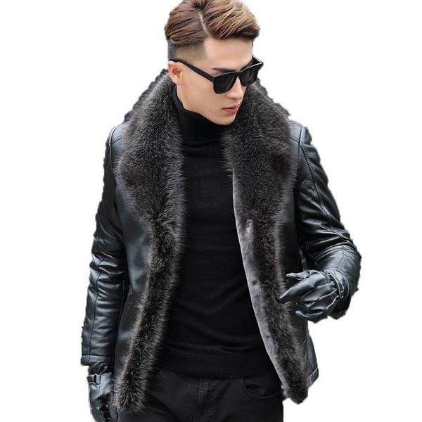men's leather & faux coat fur sheepskin integrated raccoon collar korean fashion jacket, Black
men's leather & faux coat fur sheepskin integrated raccoon collar korean fashion jacket, Black