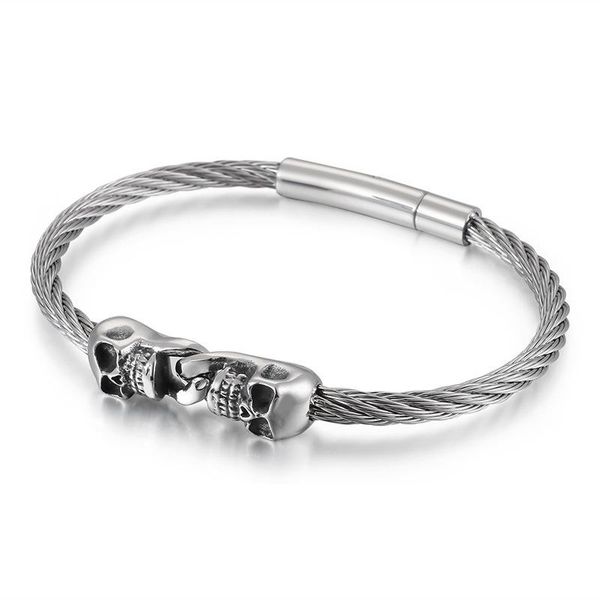 4mm domineering personality stainless steel bracelet retro gothic trend double skull wire simple charm bracelets, Golden;silver
4mm domineering personality stainless steel bracelet retro gothic trend double skull wire simple charm bracelets, Golden;silver