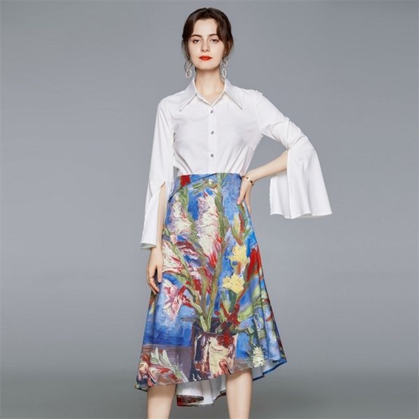 arrive women's autumn white korean single-breasted split flare sleeve shirt + irregular floral print skirts 2 pices set 210514
arrive women's autumn white korean single-breasted split flare sleeve shirt + irregular floral print skirts 2 pices set 210514